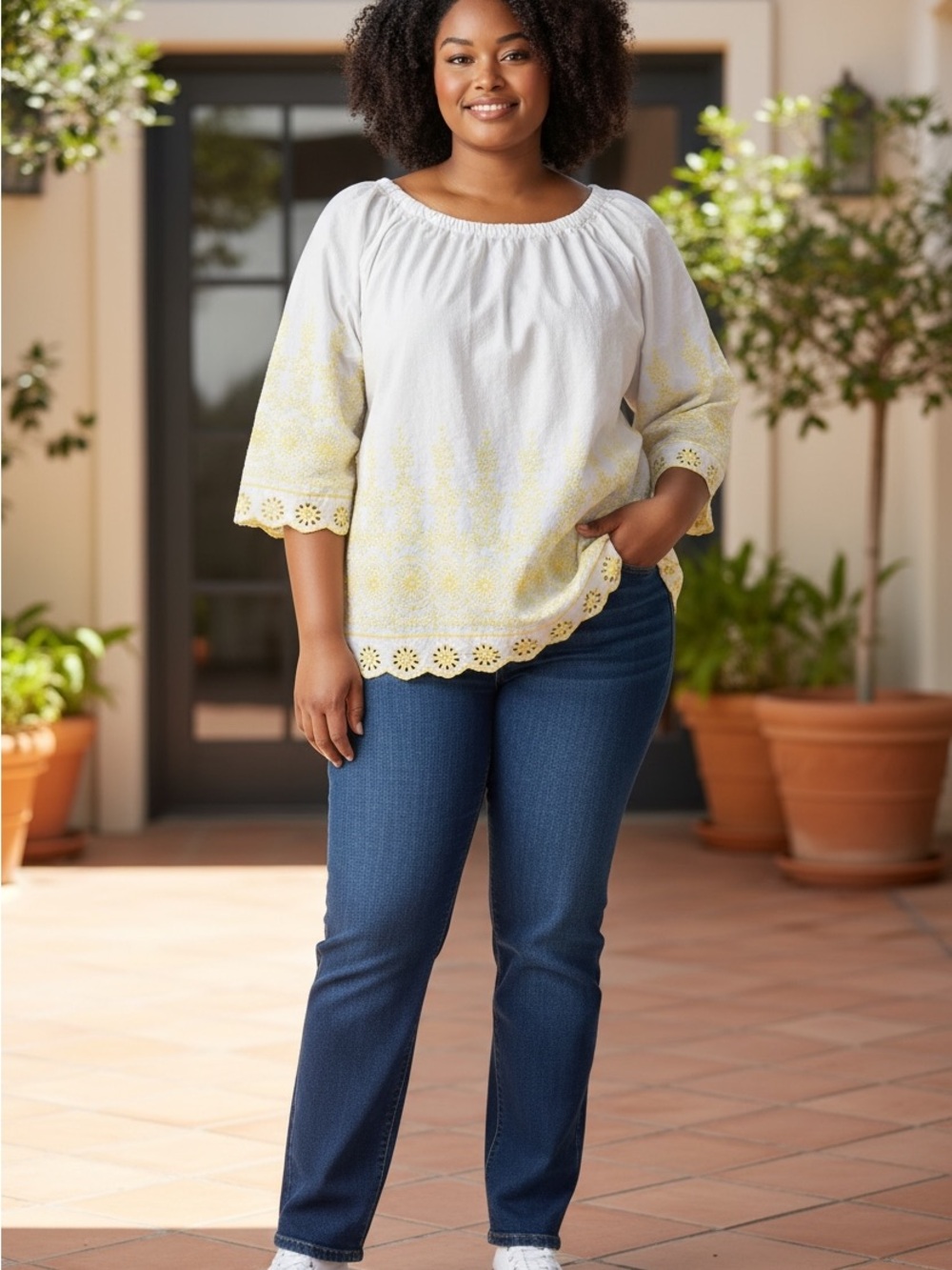 Talbots Petites XLP White Yellow Embroidered Eyelet Off Shoulder Peasant Blouse
